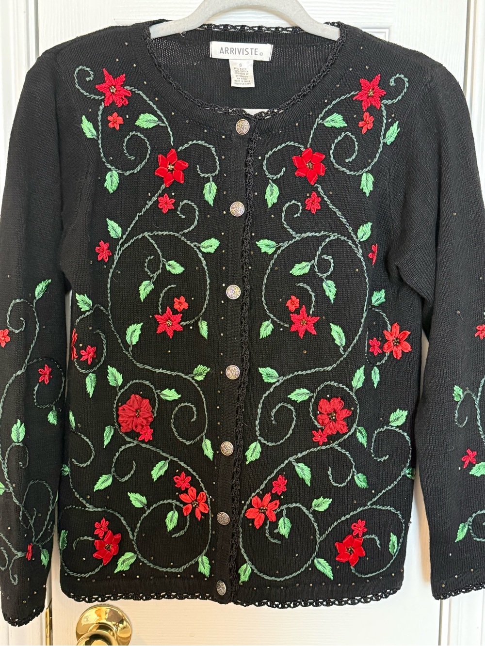 Arriviste Christmas Cardigan Sweater Ribbon Embroidery Beaded Women’s Small